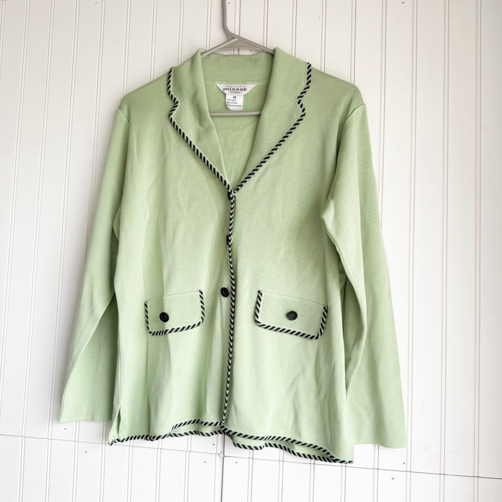 Exclusively Misook Size M Mint Green Knit Cardigan Sweater With Black Trim
